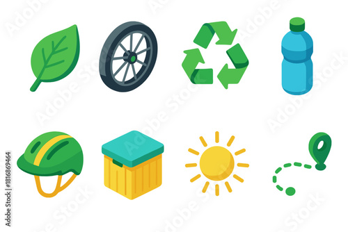 Eco Courier Icons. Eco Courier flat icons set. green leaf, bike wheel, recycling symbol, water bottle, helmet, delivery crate, sun, route line
