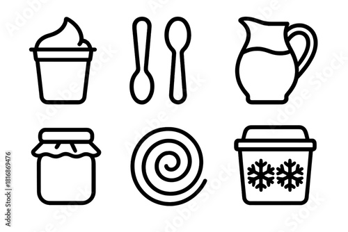Yogurt Icons Set. Yogurt Essentials Set linear icon set: yogurt cup, spoon, milk jug, culture jar, swirl texture, chilled container