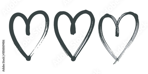 Three hand drawn black hearts with various artistic brushstroke textures on a clean background, symbolizing love and affection. Vector