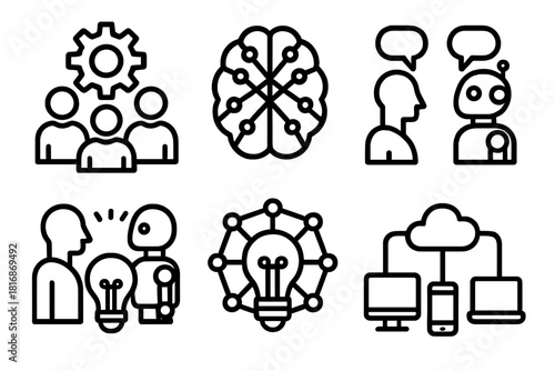 Collaborative Intelligence Icons. Collaborative Intelligence linear icon set. teamwork gear, neural network, human and robot working together, idea exchange, innovation hub