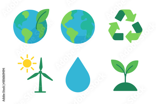 Eco Symbols Collection. Environmental Globe Set flat icon set: earth with leaf, eco globe, recycling arrows, clean energy symbol, water droplet, green sprout