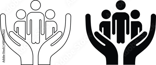 Cupped hands holding a group of people silhouette vector symbolizing care protection and community support 