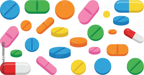 Colorful assortment of various pills and capsules scattered randomly ideal for medical designs on transparent background