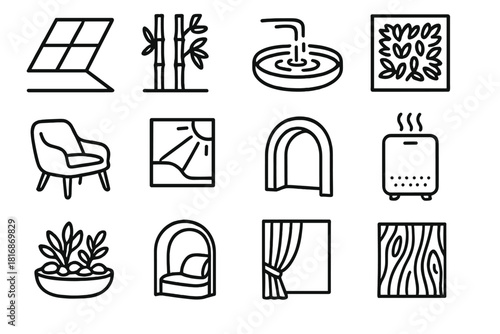 Wellness Architecture Icons. Wellness Architecture linear icon set: skylight, bamboo screen, water feature, green wall, organic furniture, sunlight flow, curved arch, air purifier