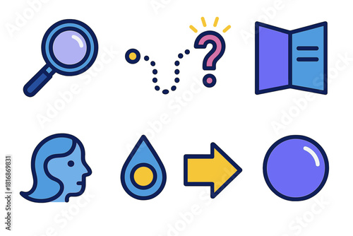 Modern Insight Icons. Seeking Insight flat icon set: lifted lens, dotted route, question spark, open panel, curious wave, clue droplet, direction cue, reflective circle