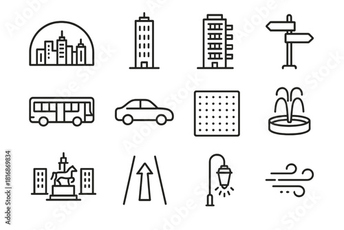 Urban Iconography Set. Cityscape Symbols Set linear icon set: skyline arc, tall building, residential tower, street sign, city bus, parked car shape, sidewalk texture, fountain jet