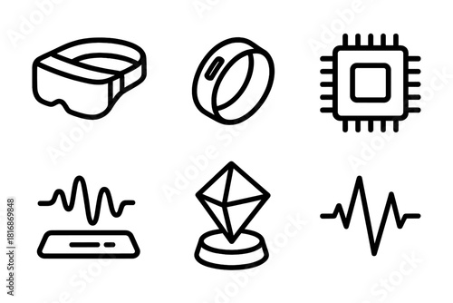 Futuristic Wearable Icons. Future Wearables linear icon set: AR visor, ring sensor, chip, data wave, hologram, pulse icon