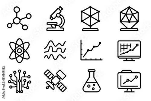 Science Icons Collage. Scientific Visualization Tools linear icon set. molecular model, microscope, hologram, 3D structure, atom, graph chart, data grid, satellite, circuit board