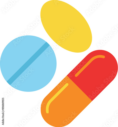Colorful assortment of pills and capsules in various shades isolated graphic on transparent background