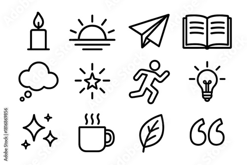 Yearly Inspiration Icons. Inspiration for the Year linear icon set: candle flame, sunrise light, paper plane, open notebook, dream cloud, starburst, running figure, lightbulb