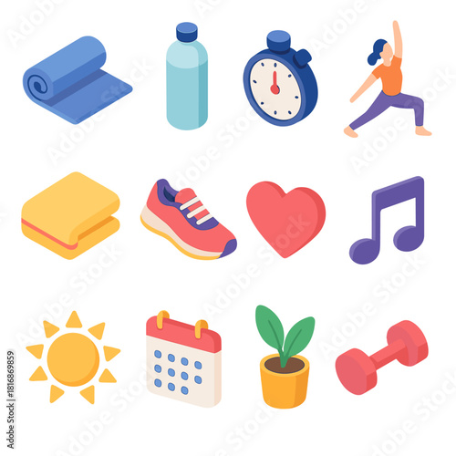 Daily Flexibility Icons. Daily Flexibility flat icon set: yoga mat, water bottle, stopwatch, stretching pose, towel, shoe, heart, music note, sun, calendar, plant, dumbbell