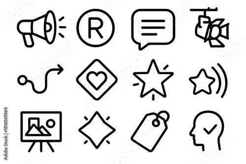 Iconic Brand Elements. Brand Promotion Set linear icon set: loudspeaker, brand mark, storytelling bubble, spotlight icon, customer path line, value message, highlight star