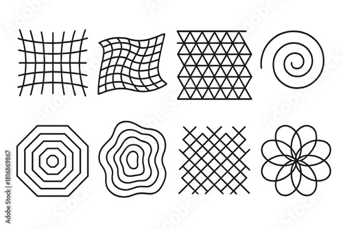 Geometric Pattern Display. Algorithmic Design linear icon set: curve grid, wave mesh, tessellation, spiral, geometric pattern, contour lines, lattice, symmetry