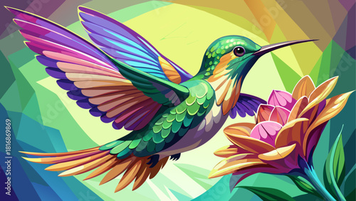 Very beautiful close-up of a dazzling hummingbird frozen mid-air, its iridescent green and purple feathers shimmering in sunlight as it delicately sips nectar from a vibrant flower, capturing a moment