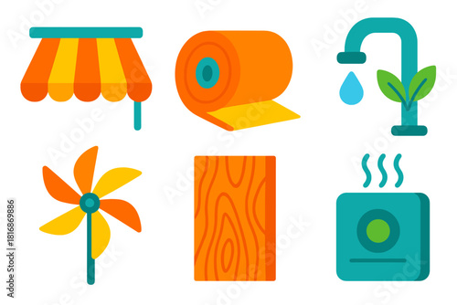 Eco-Friendly Home Icons. Sustainable Home Add-Ons flat icon set: sunshade awning, insulation roll, efficient faucet, wind spinner, reclaimed wood plank, air-quality sensor
