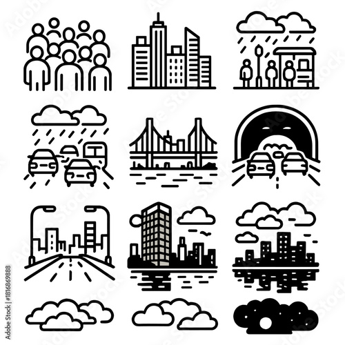 Urban Night Traffic Scene. Daily city flow linear icon set. street crowd, skyline, streetlight, bus stop, rain, traffic jam, bridge view, car lights, cloudy sky, tunnel, office