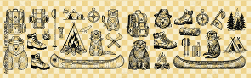 Hand drawn camping elements featuring bears otters canoes tents and outdoor gear in a vintage style