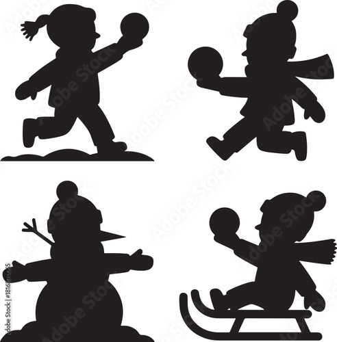 Children and snowman silhouettes playing in snow winter