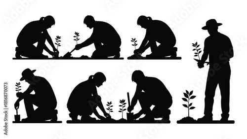 People planting trees silhouettes isolated on white background, Vector