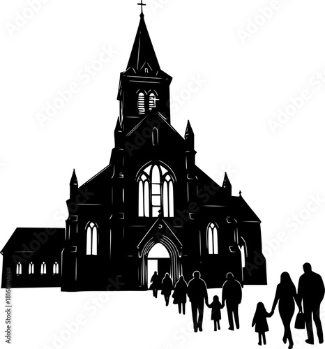 Silhouette of a church with people walking towards the entrance in black and white
