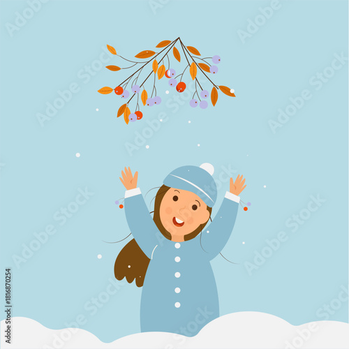 A cute winter illustration of a happy girl dressed in a blue coat and hat, joyfully raising her arms while standing in the snow. Winter branch wit red berries,  perfect for children,s books,designs .