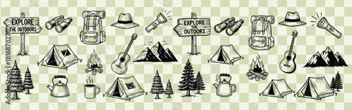 Seamless camping adventure pattern featuring tents mountains and outdoor gear for nature enthusiasts