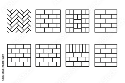 Brickwork Pattern Icons. Brickwork Patterns linear icon set. herringbone, running bond, basket weave, stack bond, Flemish bond, English bond, soldier course, header course