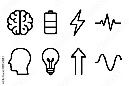 Mind Power Icons. Mind power concept linear icon set: brain, battery, lightning bolt, heartbeat line, head silhouette, light bulb, arrow up, wave