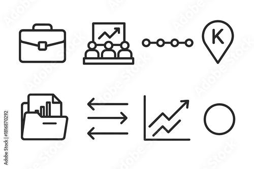 Business Icon Set. Business Report Symbols linear icon set: briefcase file, meeting chart, timeline line, KPI marker, report folder, alignment arrows, financial graph, status dot