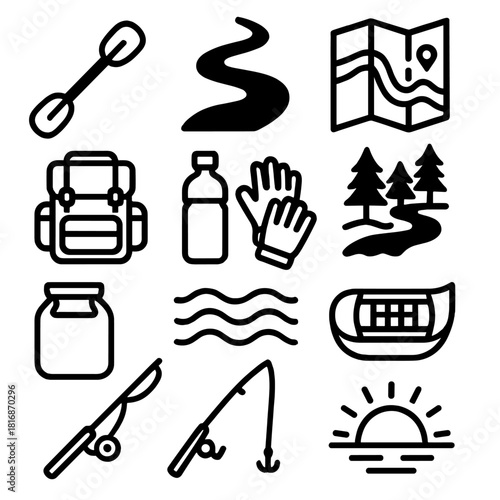 Paddling Adventure Icons. Outdoor Paddling Trip linear icon set: kayak paddle, river bend, navigation map, forest background, camp gear, water bottle, gloves, waves, canoe seat