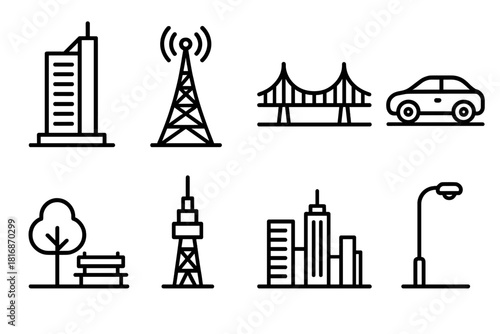 Modern Urban Skyline. Metropolitan landscape concept linear icon set: skyscraper, tower, bridge, car, park, antenna, skyline, streetlight , modern urban design with clean lines