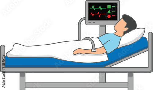 a patient lying in a hospital bed with a heart monitor medical illustration on transparent background