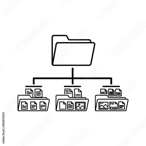 Outline icon representing file system hierarchy structure with main folder connected to three subfolders containing various document types isolated on
