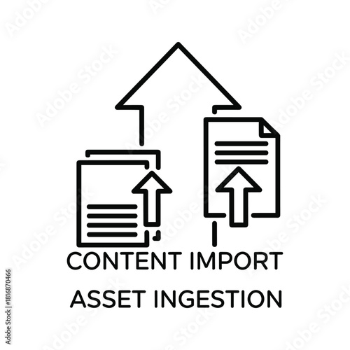 Line icon representing content import and asset ingestion process with upward arrows and document symbol isolated on