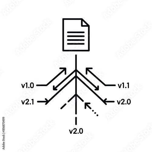 Line art icon illustrating file version control flow with multiple branches and revisions pointing to a document