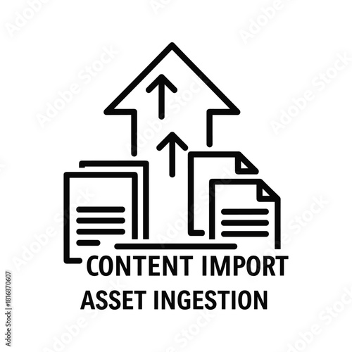 Black and white line icon representing content import and asset ingestion process with documents and upward arrows isolated on