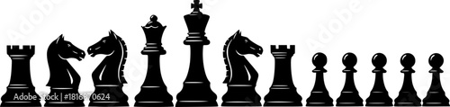 Silhouette of a complete set of chess pieces arranged in a line on a white background showcasing their distinct shapes and forms
