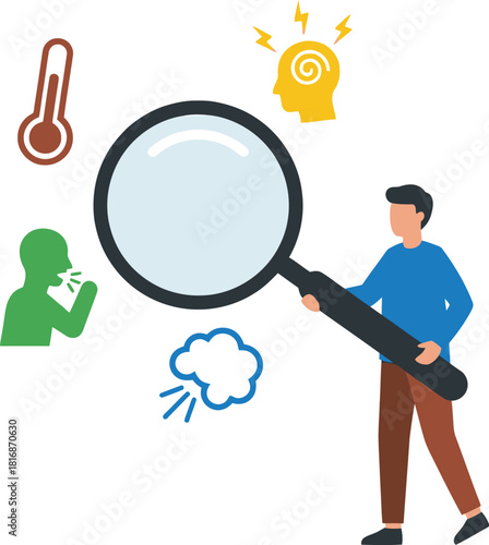 Illustration of a man with a magnifying glass examining symptoms like fever and cough on transparent background
