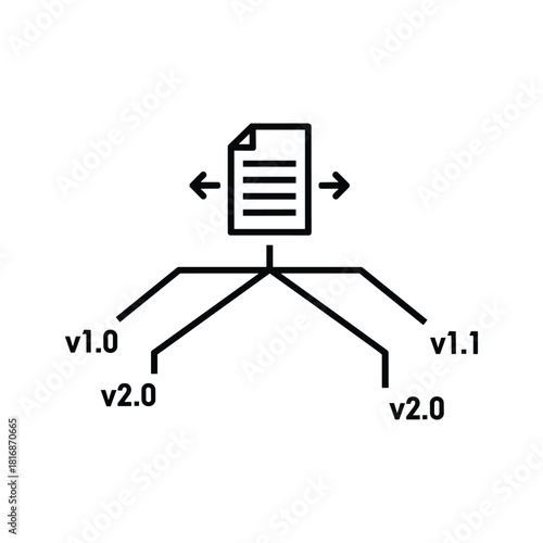 Icon representing document version control branching and merging with different version numbers like v1 0 v1 1 and v2 0 isolated on