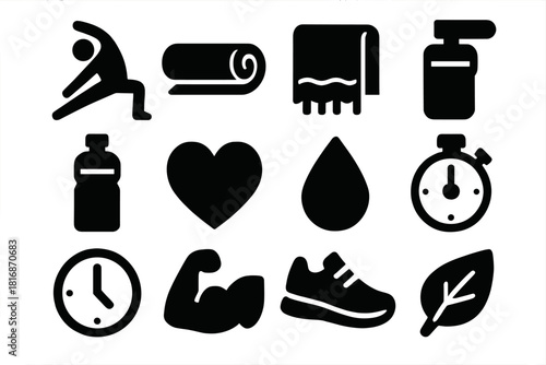 Brutalist Workout Icons. Post-Workout Recovery silhouette icon set: stretching pose, mat, towel, dumbbell, water bottle, heart, droplet, stopwatch, clock, muscle, shoe, leaf