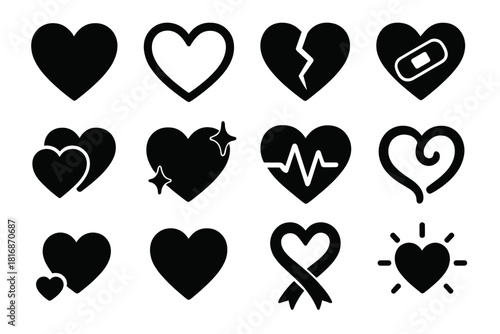 Bold Heart Icons. Heart Elements Set silhouette icon set: classic heart, outlined heart, broken heart, healing band heart, double hearts, sparkling heart, heartbeat line, soft
