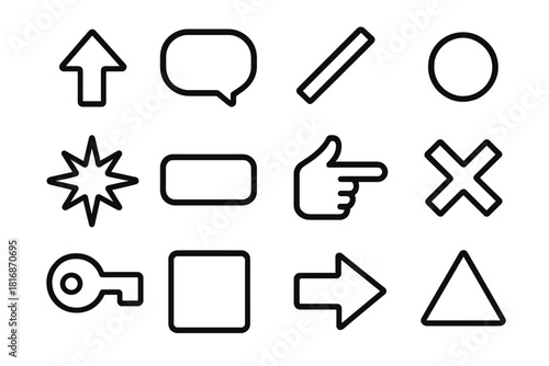 Direct Tone Icons. Direct Tone Icons linear icon set: sharp arrow, bold bubble, clear emphasis line, firm dot, decisive spark, straight message bar, directive pointer, strong
