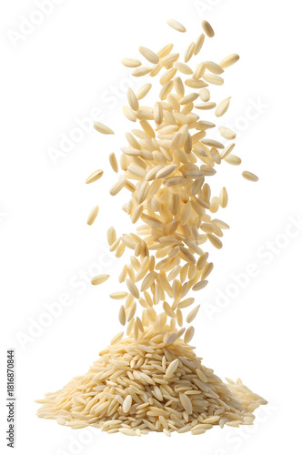 Golden dry orzo pasta raining down into a food pile on transparent background PNG