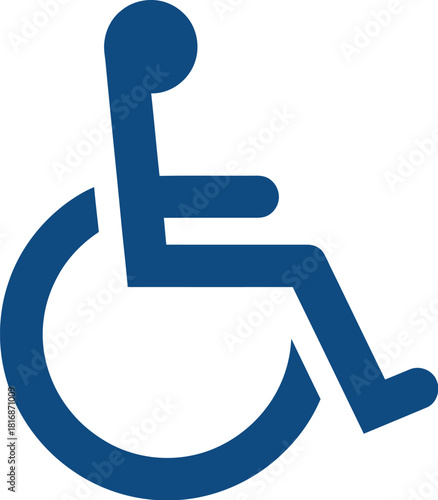 A dark blue accessibility symbol featuring a person in a wheelchair on transparent background