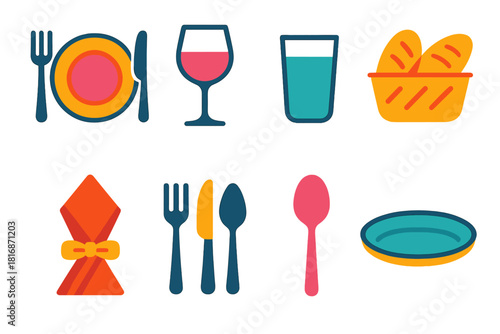 Modern Dining Essentials. Dining essentials flat icon set: table setting, wine glass, water glass, bread basket, cutlery set, folded napkin, tasting spoon, serving dish