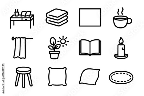 Minimalist Lifestyle Icons. Simple lifestyle linear icon set. tidy desk, folded clothes, empty wall, cup of tea, curtain, plant pot, sunlight, open book, candle, stool, pillow, rug