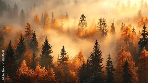 Autumn fog glows with sunrise light over dense mountain forest high resolution picture