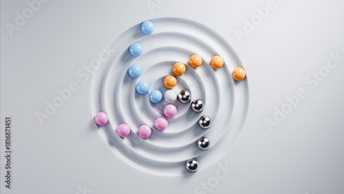 Colorful spheres rolling towards center of white spiral target