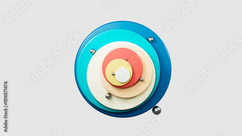 Colorful concentric circles creating visual target with metallic spheres