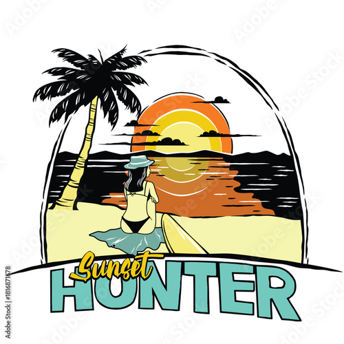 Woman Watching Sunset on a Beach with Palm Tree ocean.
